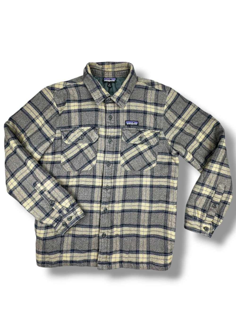 Patagonia Insulated Fjord Flannel Jacket Organic Cotton Grey Tan Medium